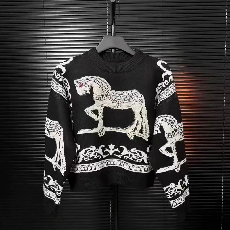 Rhinestone Horse Print Spring and Autumn Women\'s Knitted Ralph Sweater Y2K Vintage Men\'s Knitted Laure Pullover Sweater Jacket