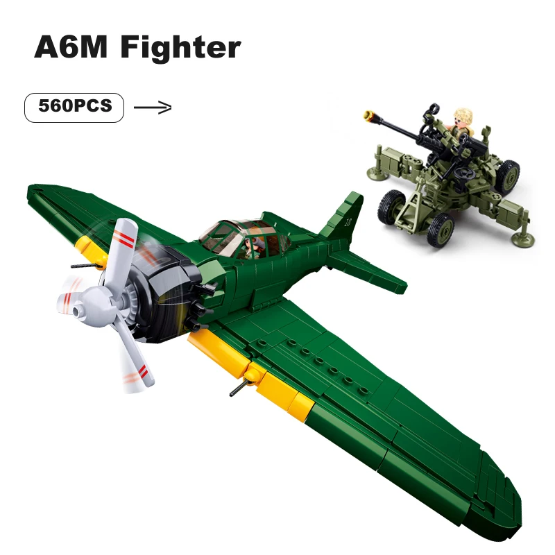 560PCS  WW2 Pacific Storm Military Weapons A6M Fighter Pirate Building Blocks Model Army Bricks Plane Soldier Toys For Kids Gift