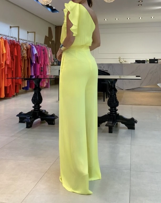 Yellow Flower Decoration Diagonal Collar Single Shoulder Lotus Leaf Edge Sleeveless High Waisted Wide Leg Long Pants Jumpsuit