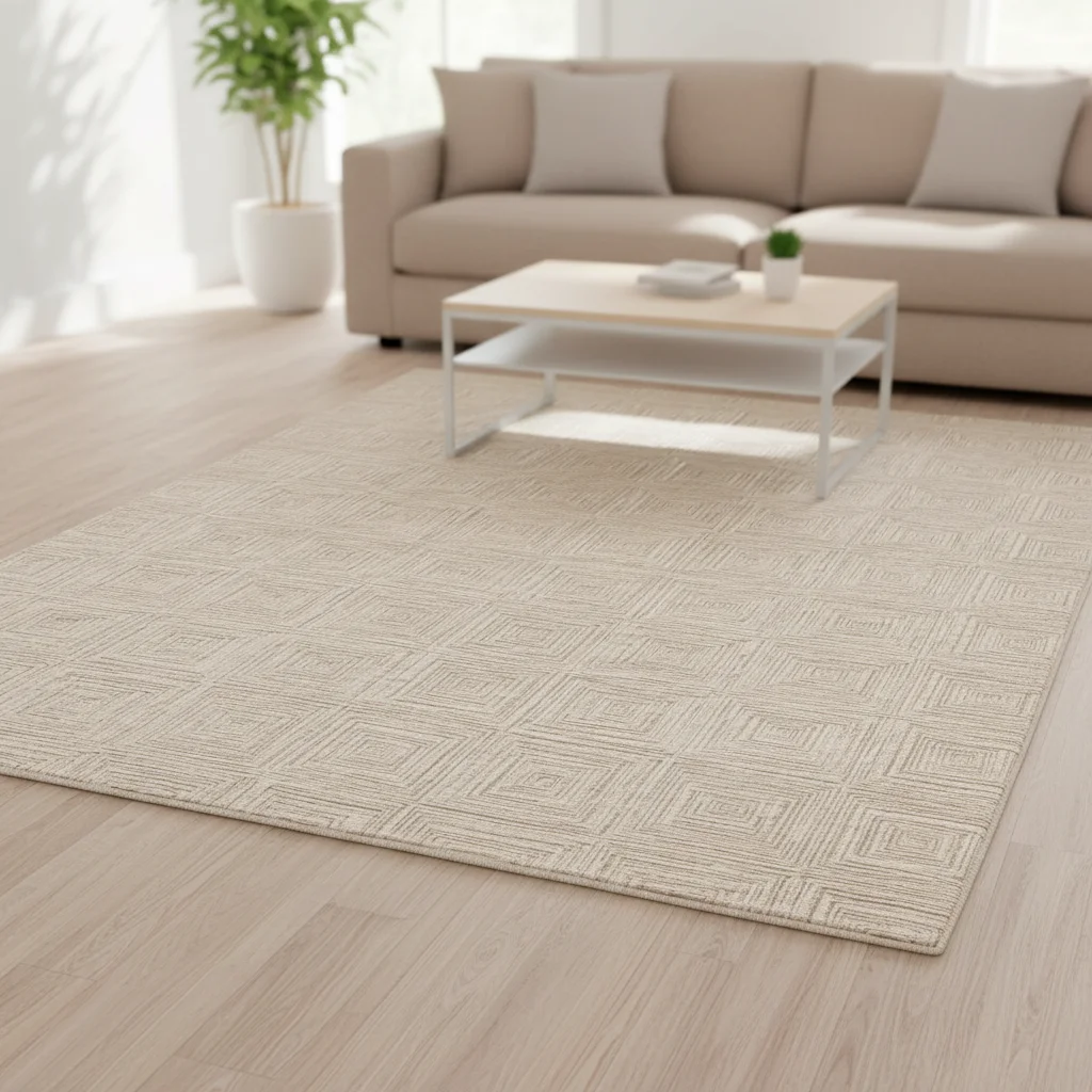 ！@Sand Color Wool Carpet Concentric Squares Sculpted Texture Geometric Depth Neutral Tone Luxury Living Room Rug