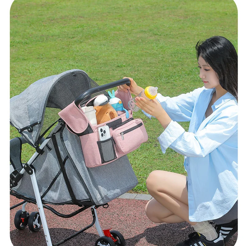 Baby Stroller Organizer Bag with Insulated Cup Holders Detachable Wristlet Large Storage Bag for Pram Buggy Outdoor