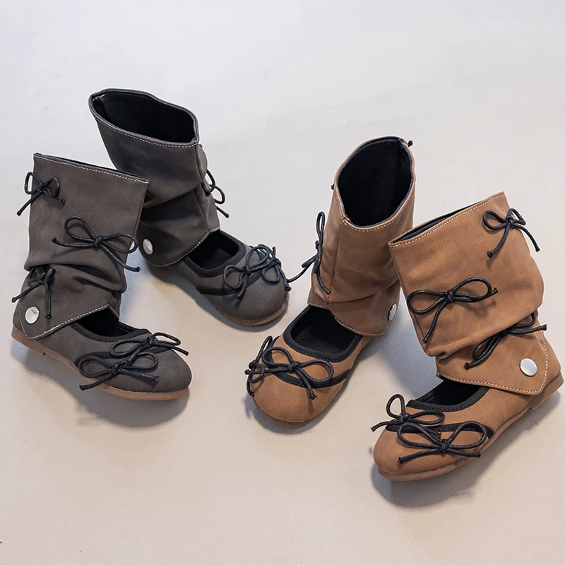 Little Girls Retro Tall Boots, Multi Bow Decor Slouchy High Boots, Soft Non Slip Sole Kids Footwear for Daily Party