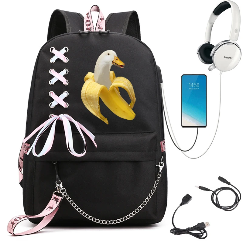 

Banana Duck Kawaii School Bag for Girls Bagpack Usb Port Backpack Women Bookbag Teenager Girls Travel Backpack Shouder for Women