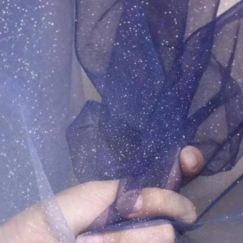 Star Yarn Fabric Mesh Perspective Dark Blue Multi-color Gradient Wedding Dress Designer Handmade Diy Sewing Material By Meters