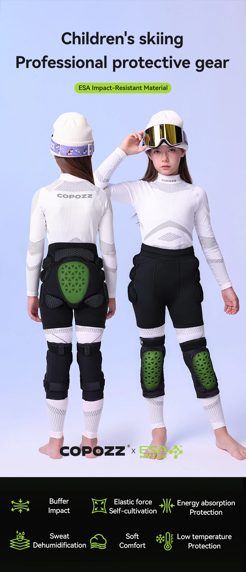  COPOZZ Ski-Schutzausrüstungsset für Kinder/Jugendliche, ESA-Schwamm, Knie- und Hüftpolster, verdickt, stoßfest, Fahrrad, Kinder, Schneesport – Detail 3