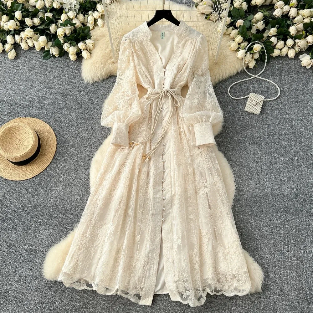 

France Elegant Vintage High End Evening Dress Women Embroidery Sashes Luxury Long Party Dress Female Casual Fit Chic Clothing
