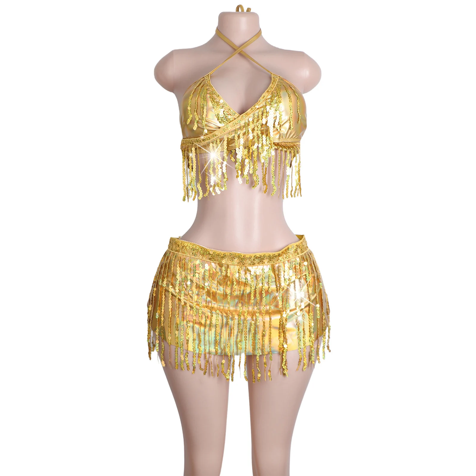 

Women's Sequined Golden Tassels Stripes Lingerie Set with Adjustable Straps Sexy Performance Wear Erotic Clubwear Dance Outfit