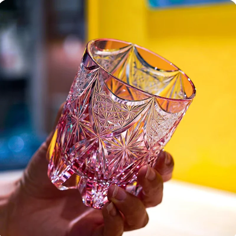 Pink Whiskey Glass 240ml, Hand Carved Chrysanthemum Star Pattern Edo Kiriko, Japanese Crystal Tumbler Gift for Her