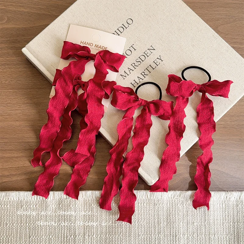 Hair Clip Girls Burgundy Ruffled Lace Bow Ribbon Princess Top Clip Sweet Double Ponytail Hair Ties Fabric Soft Cute Daily Party