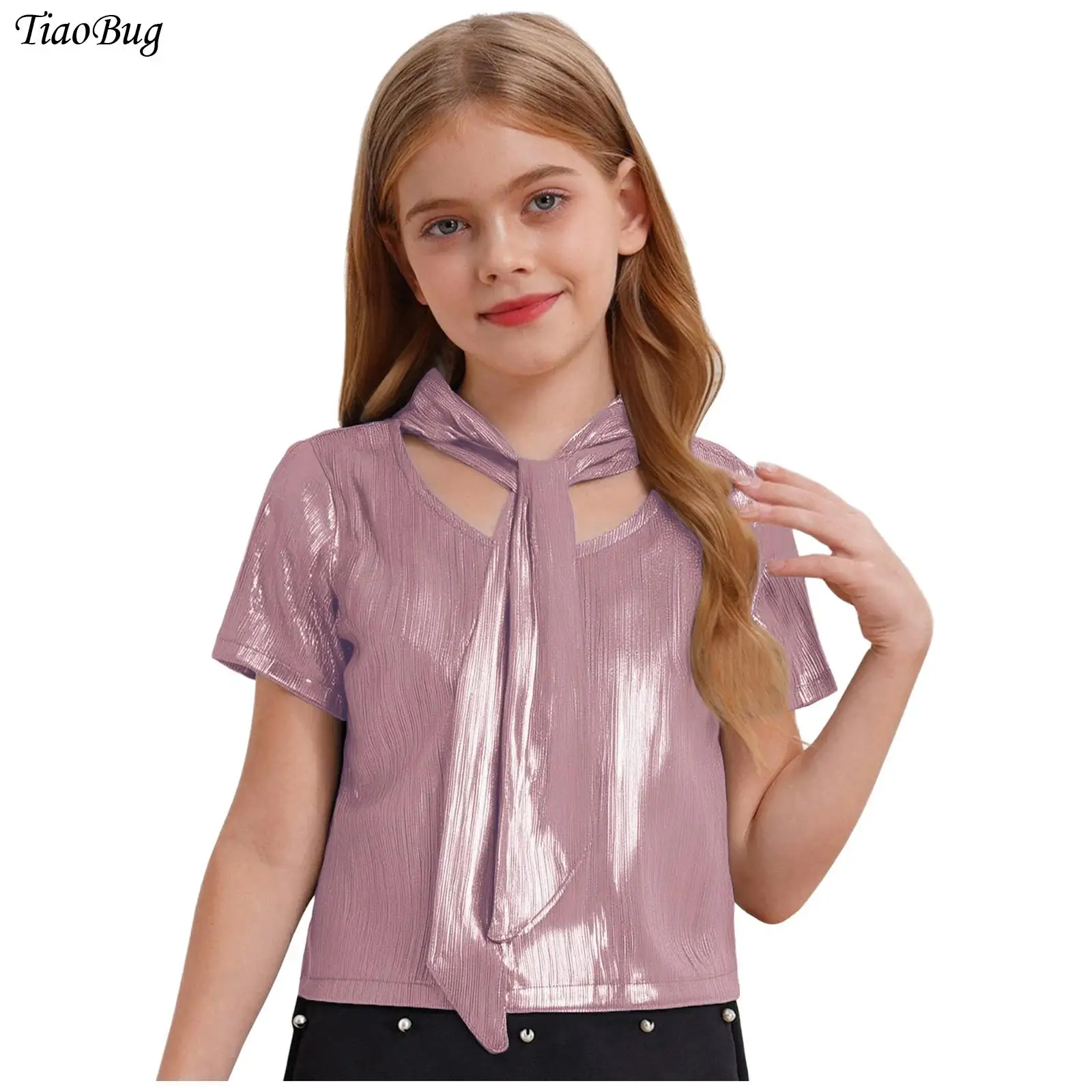 

Kids Girls T-shirt Hip-Hop Jazz Dance Tops Shiny Metallic Ribbed Lace-up Round Neck Short Sleeve Crop Top Shirt Streetwear