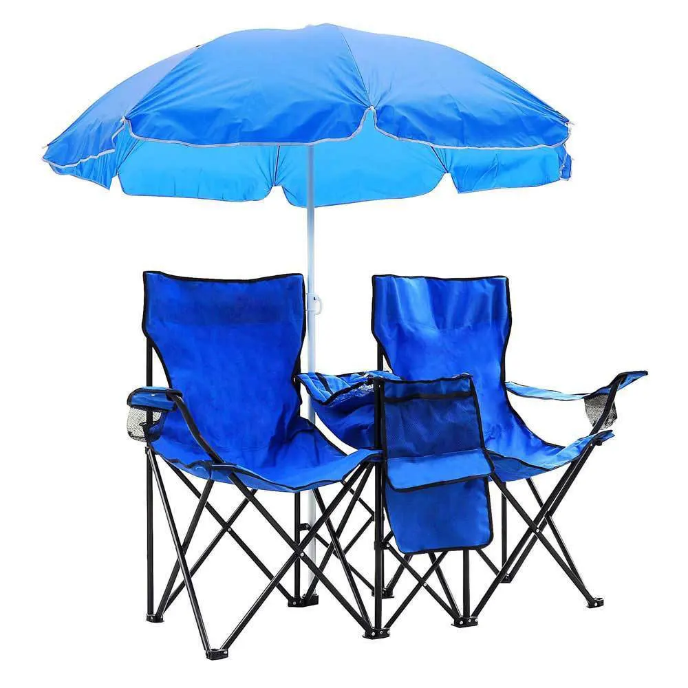 

Portable Outdoor 2-Seat Folding Chair with Removable Sun Umbrella Blue for Fishing and Sunbathing