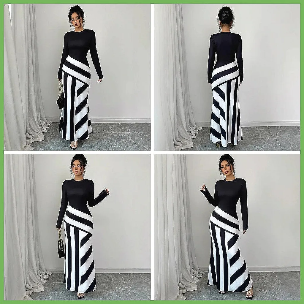 

Women's Sexy Bodycon Maxi Dress 2026 Long Sleeve Striped Black White Elegant Party Dress (72 characters)