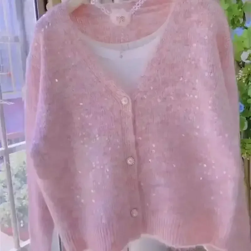 Autumn New Sequin Knit Cardigan Small Fragrant Pearl Button Loose Wool Sweater Women Sweet Knitwear Coat Soft