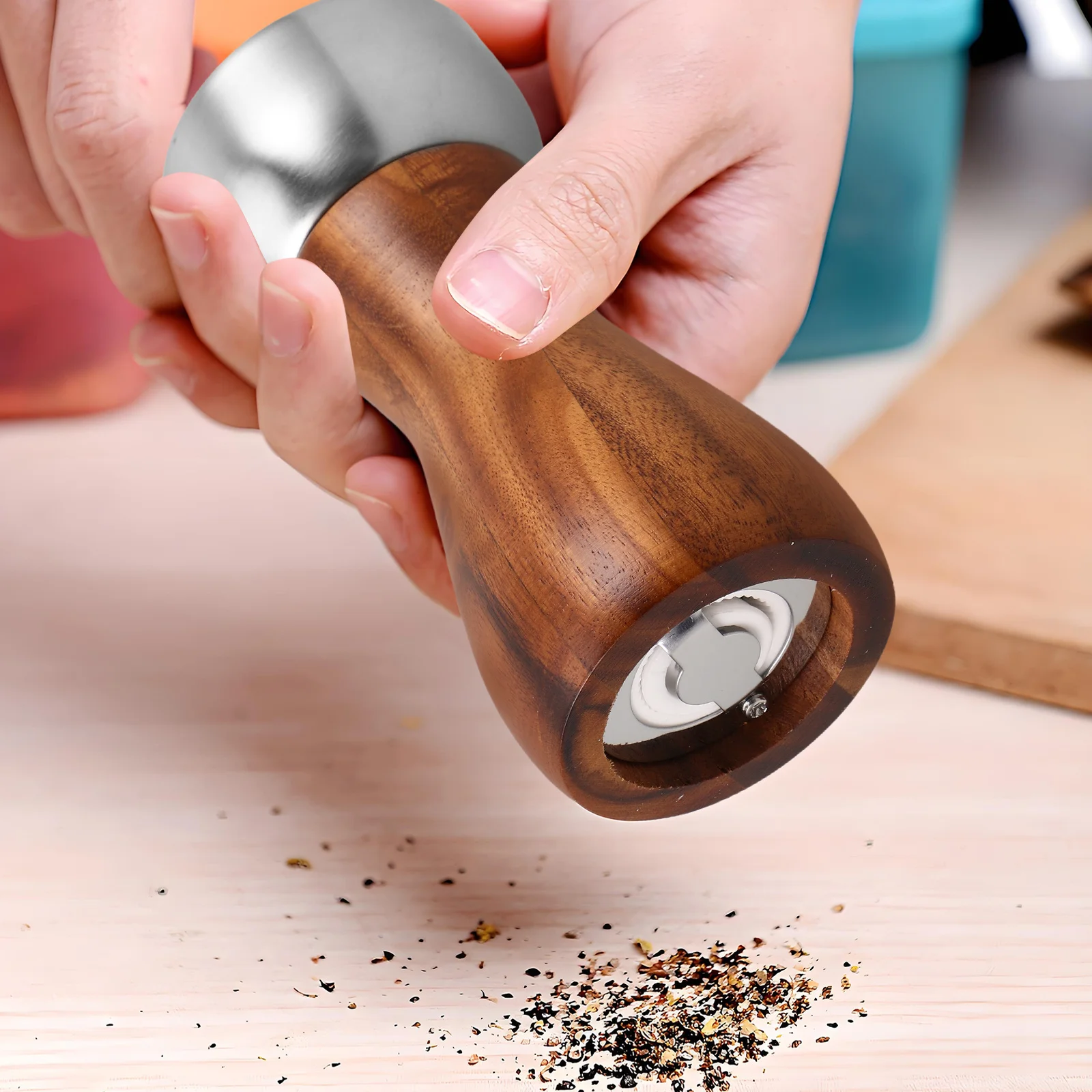 Ręczny młynek do pieprzu z drewnianą korpusową, ceramiczny rdzeń 5 cali, regulowany młynek do soli i przypraw, ręczne mielenie, niezbędny w kuchni, młynek do pieprzu.
