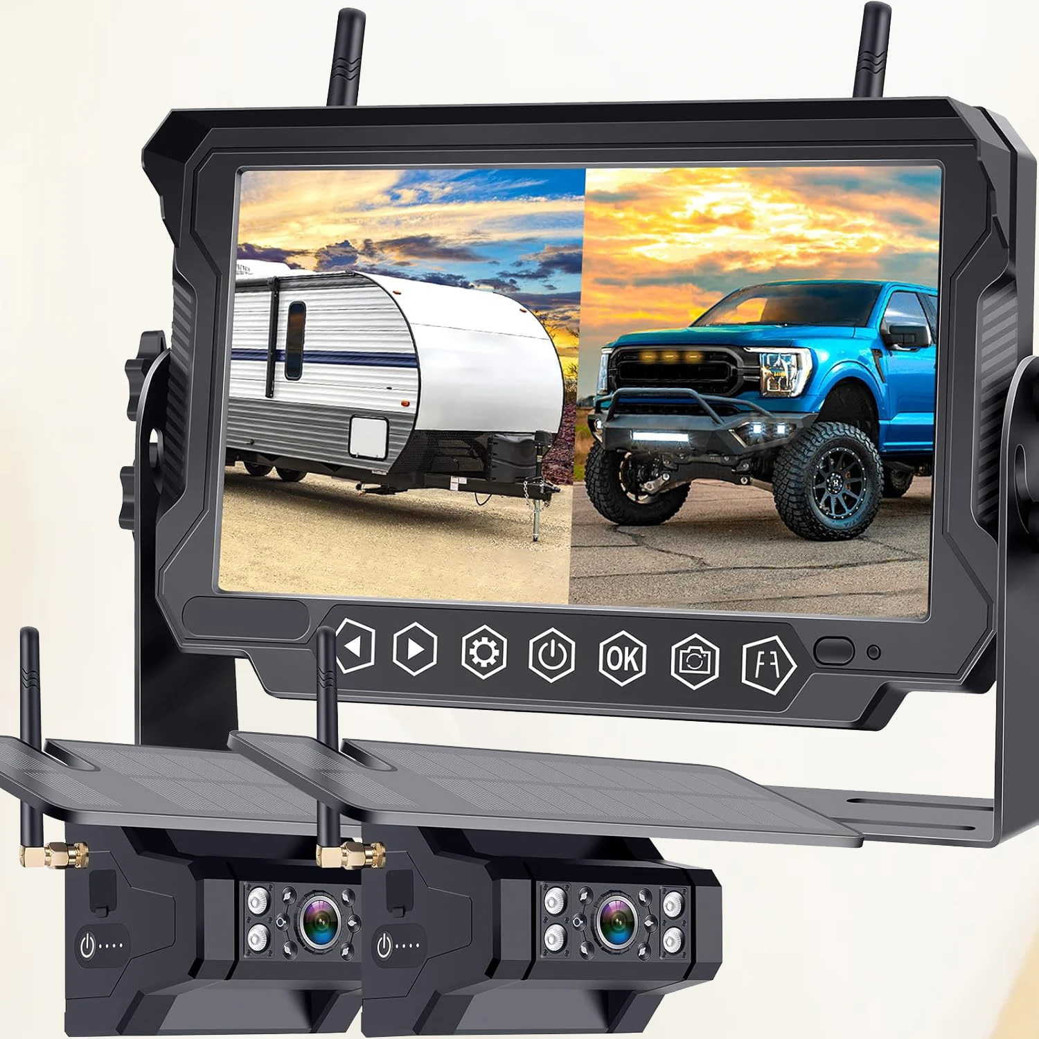 

Driving/Reversing 7'' DVR FHD 1080P Dual Wireless Reversing MicroSD Camera Splittable Night Vision IP69K Waterproof
