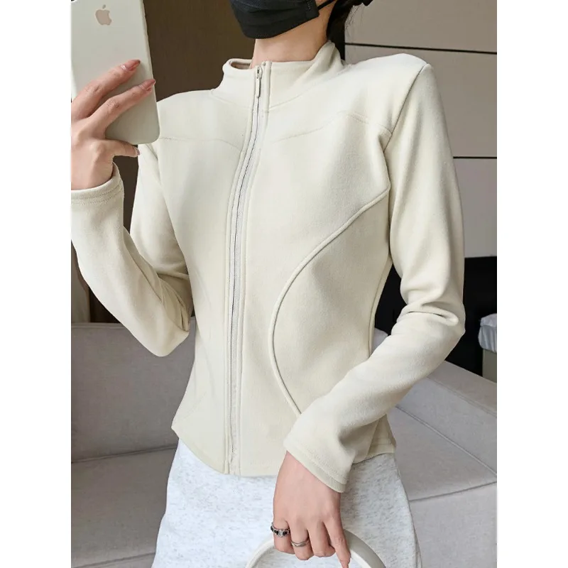 

New Women's Stand Collar Dual Curve Fitted Zip Front Jacket Chic Fall Winter Sporty Cardigan