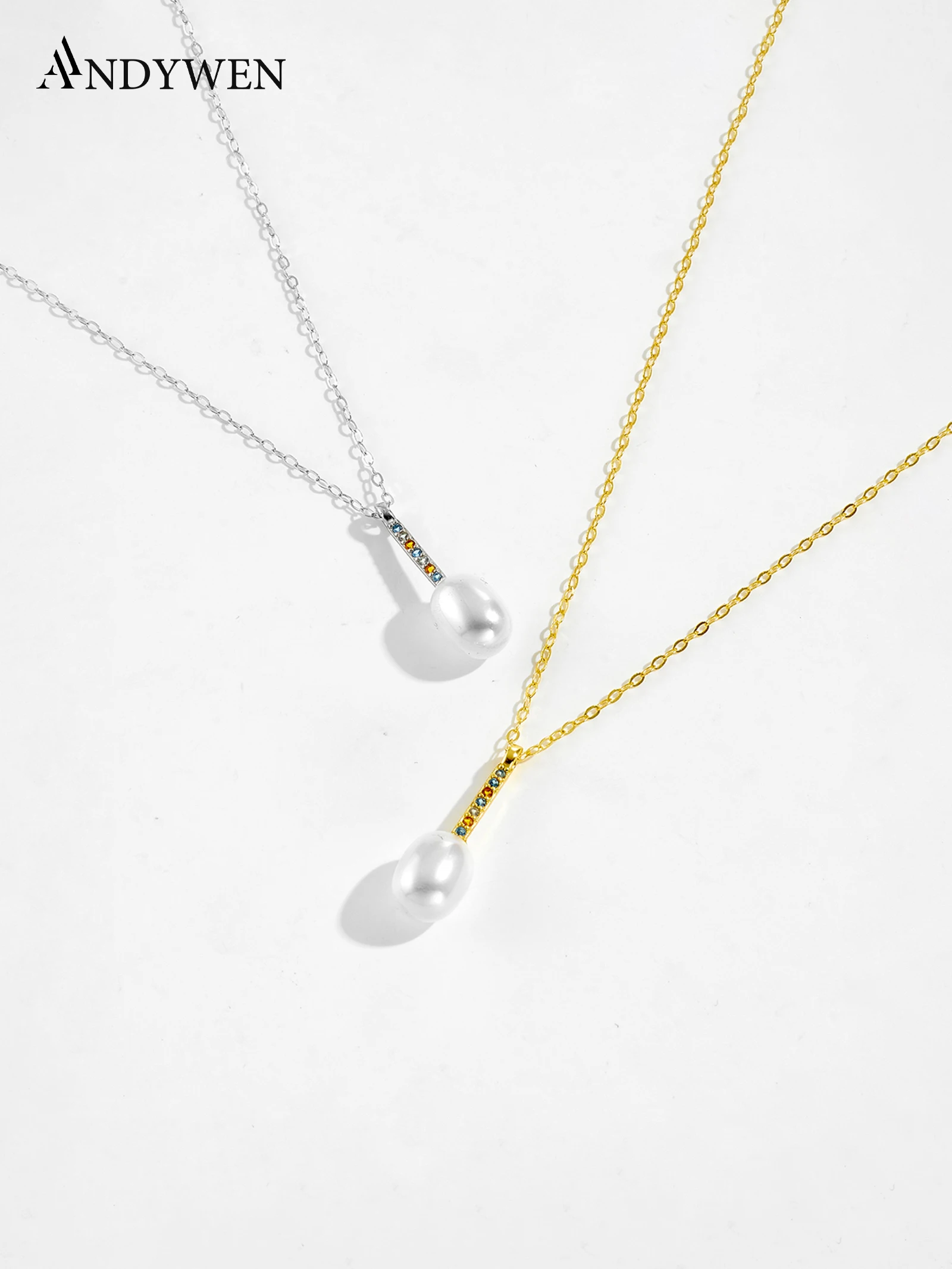 ANDYWEN Halskette mit Perlenanhänger aus 925er Silber, mehrfarbiger Edelsteinakzent, elegante Schmuck-Geschenkbox für Frauen, vielseitige Alltagskleidung