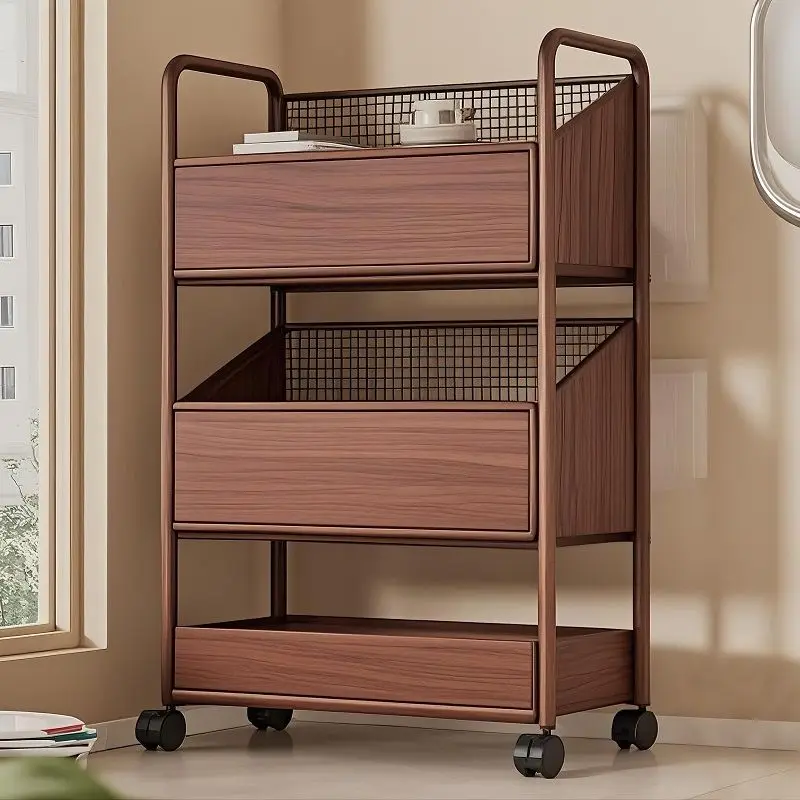 3 Tier Kitchen Storage Trolley Walnut Wood Rolling Utility Cart With Drawers Mesh Mobile Organizer For Kitchen Living Room