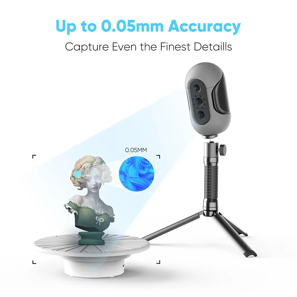 3DMakerpro Mole 3D Scanner Premium Edition, 0.05mm Accuracy, 0.1mm Resolution, 200x100mm Single Capture Range, with Turntable