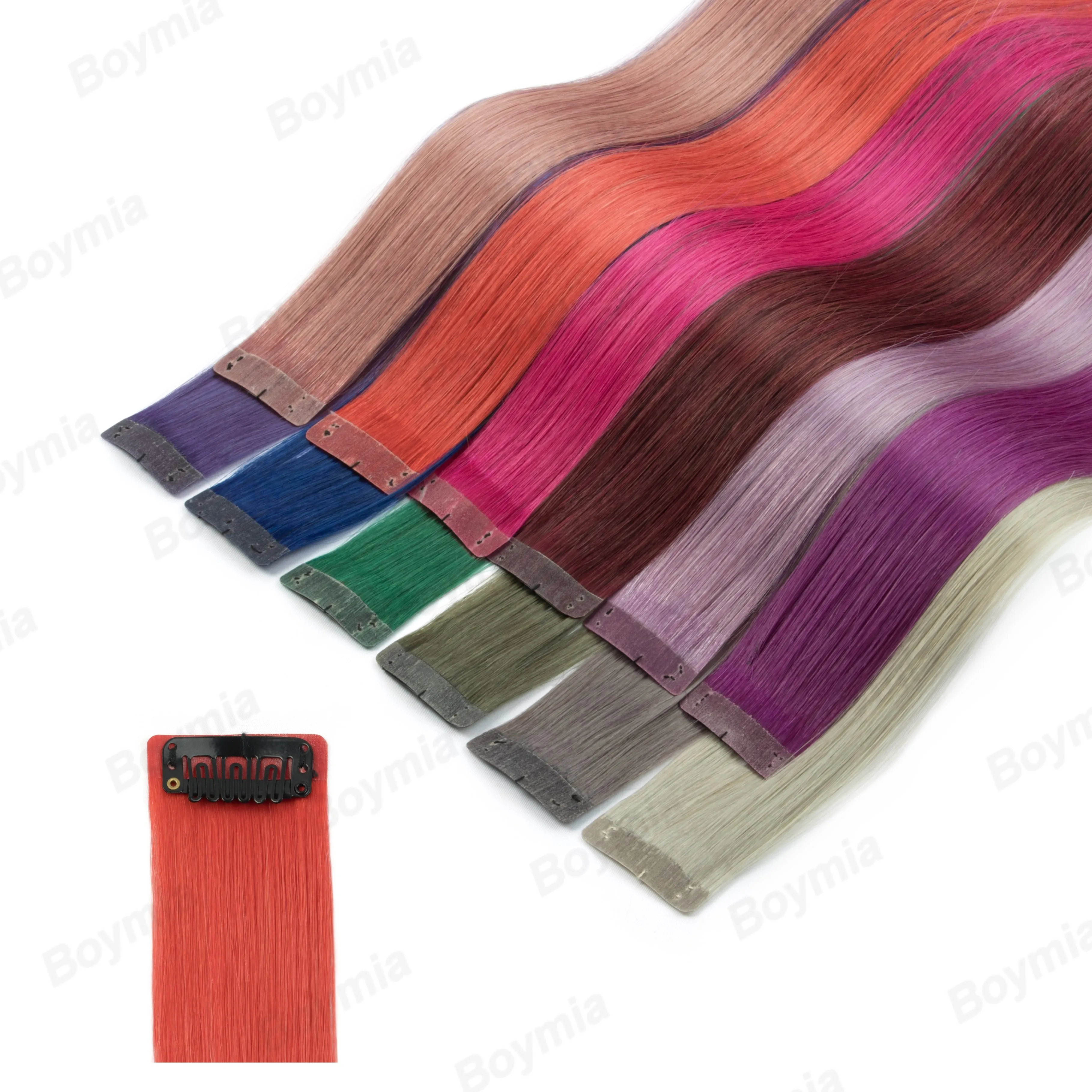 カラフルなヘアエクステンション人毛16インチブルークリップインヘアエクステンション女性子供用レインボーハイライトヘアピース1/6/12ピース