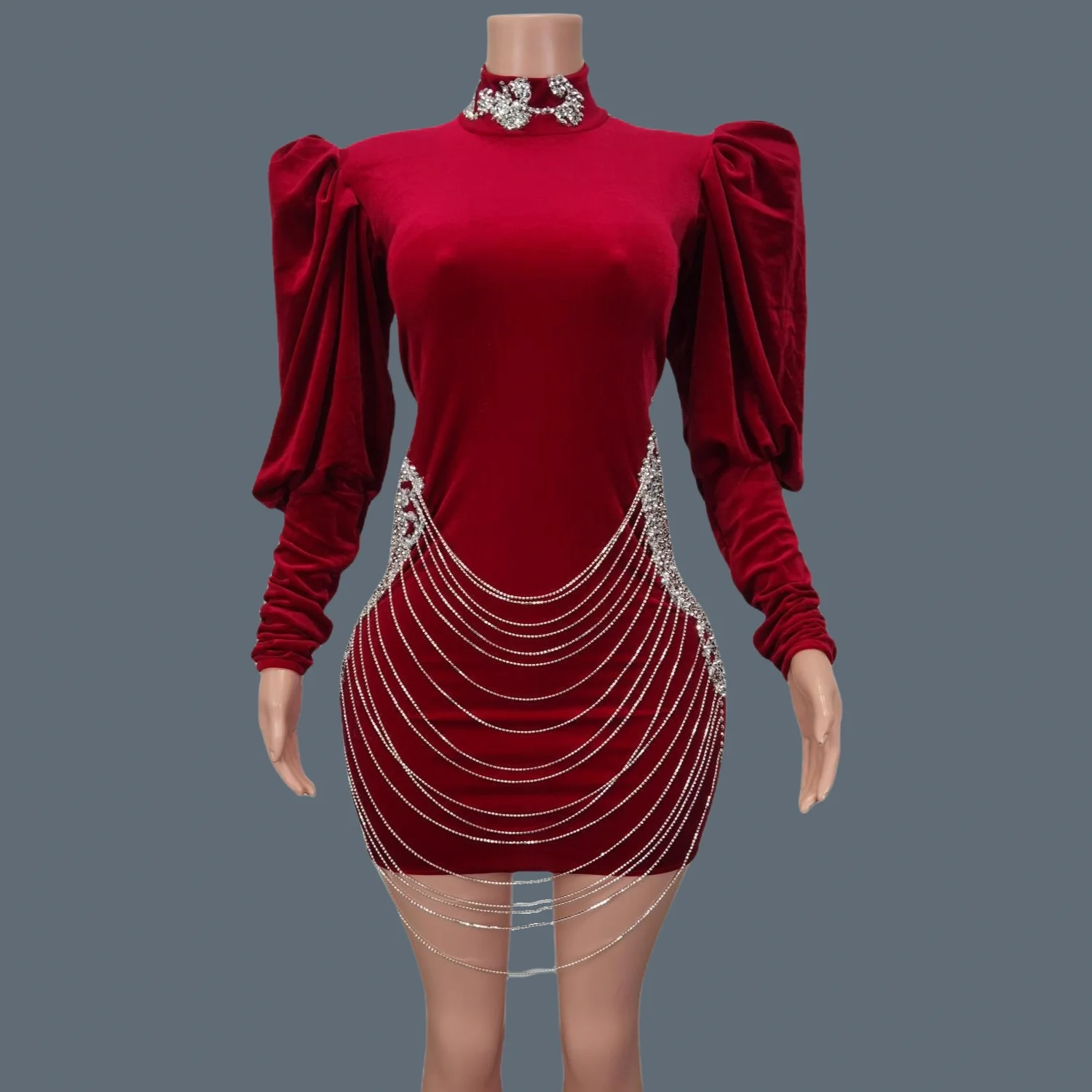 

Sexy Velvet Diamonds Tassel Dinner Gown Ladies Crystal Bodycon Night Club Banquet Party Mini Dress Women Short Prom Dress Yuehei