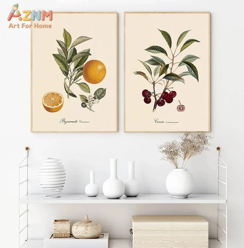 AZNM Vintage Fruit Botanical Canvas Wall Art Retro Plum Orange Grape Print for Kitchen Home Decor