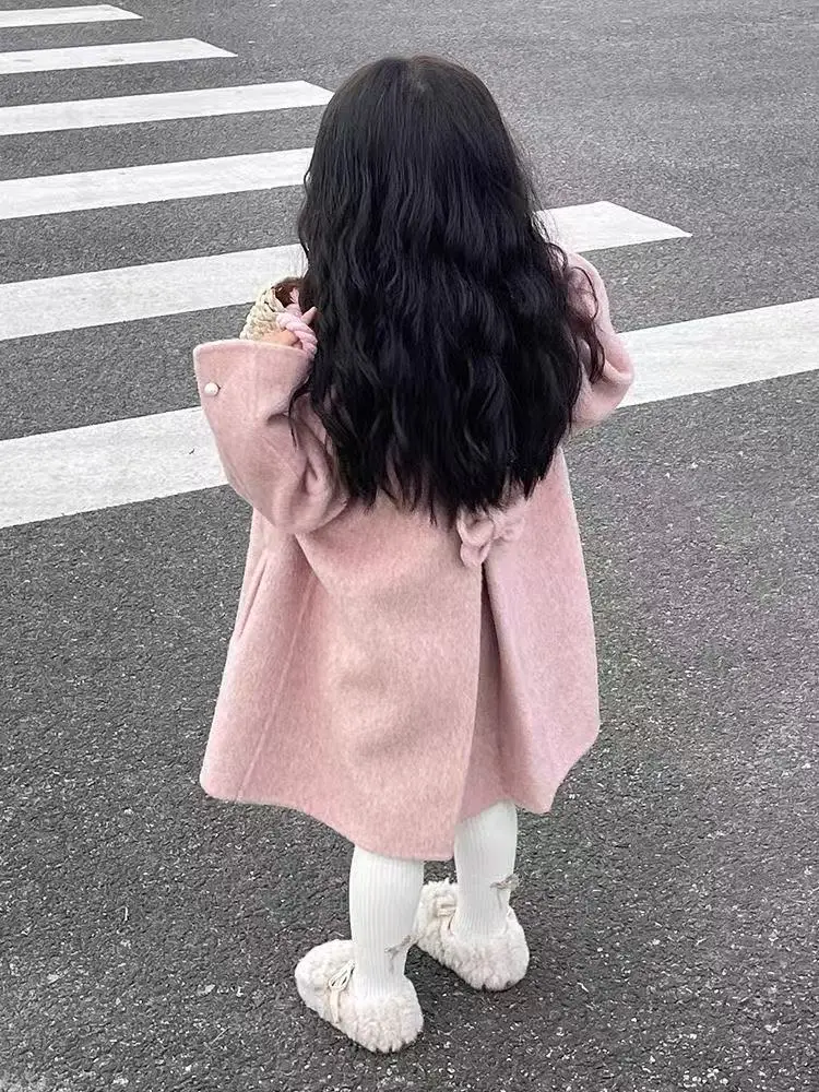 New Girls Autumn Winter Jacket Fashion  Toddler Cute Oversized Pink Tweed Double-Faced Wool Coat Kids Clothing