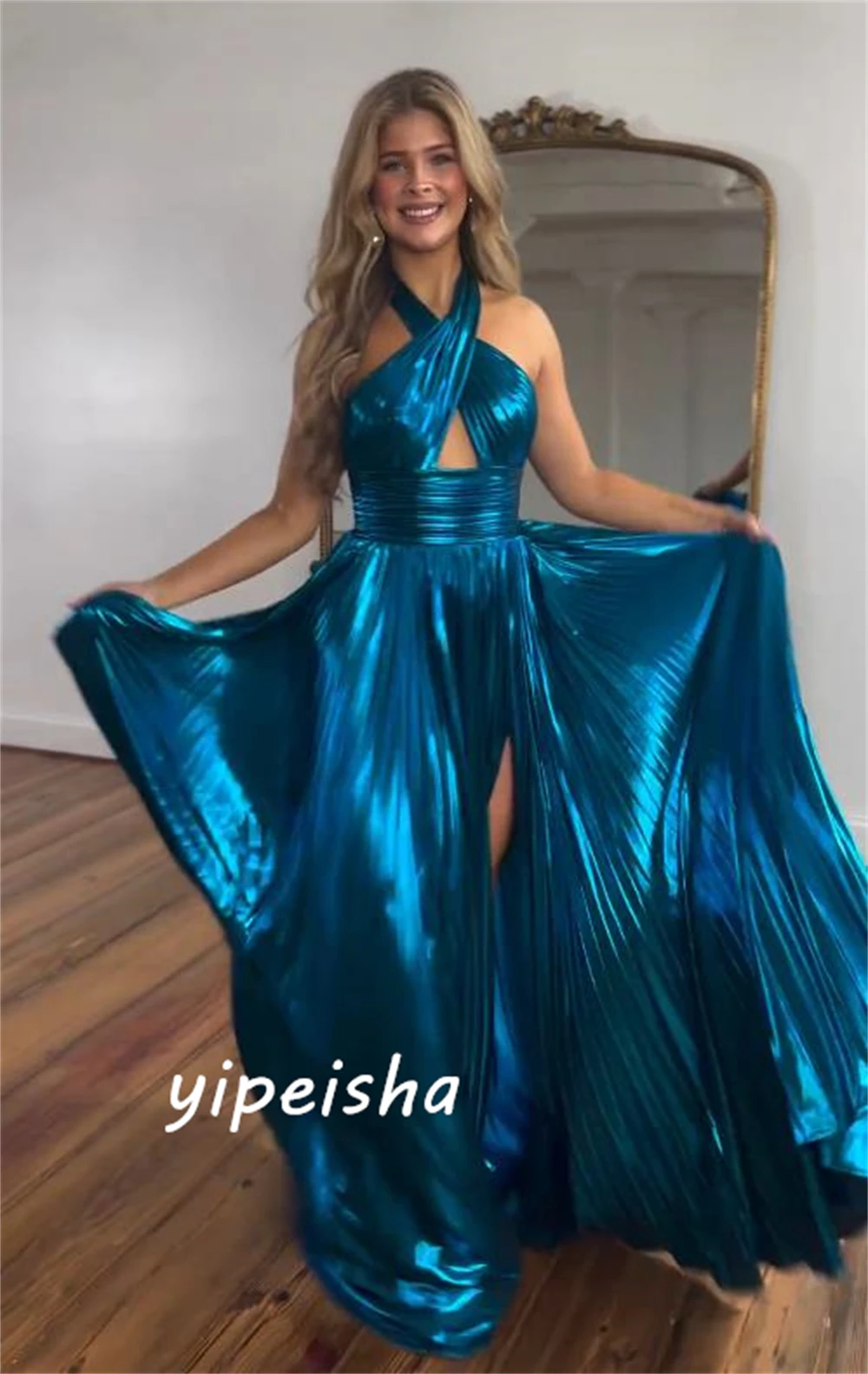 Customized  Simple Fashion Halter A-line Celebrity  Draped Floor Length Skirts Charmeuse Evening Birthday  For Women