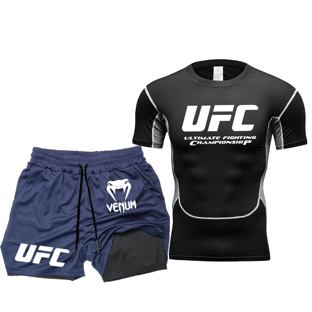 UFC мужская узкая футболка комплект солнцезащитный топ летний повседневный спортивный боевой уличный модный топ для фитнеса брюки комплект из двух предметов