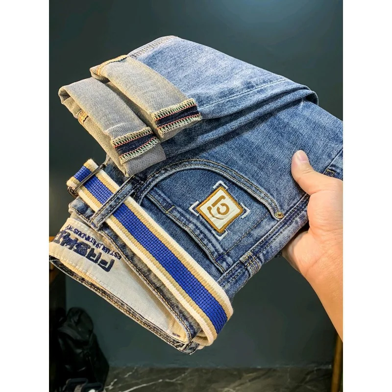New style jeans men trendy brand with holes elastic straight tube slim fit casual cool feeling fashionable versatile denim pants