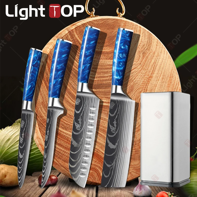 Professional Kitchen Knives Japanese Chef Knife Laser Damascus Pattern Santoku Cleaver Slicing Fruit Knives Cooking Knife Holder