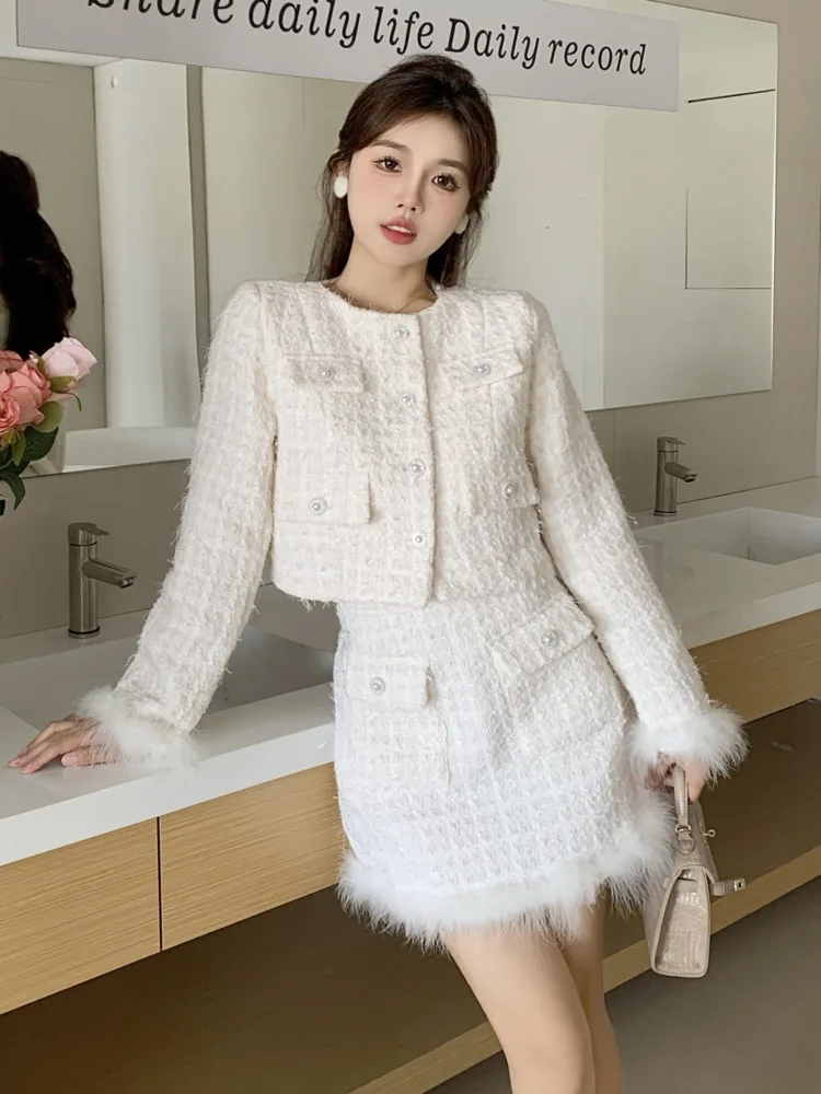 High Street Fashion Luxury Small Fragrance Two Piece Set For Women Short Jackets Coat + Skirt Suits Winter Sweet 2 Piece Sets