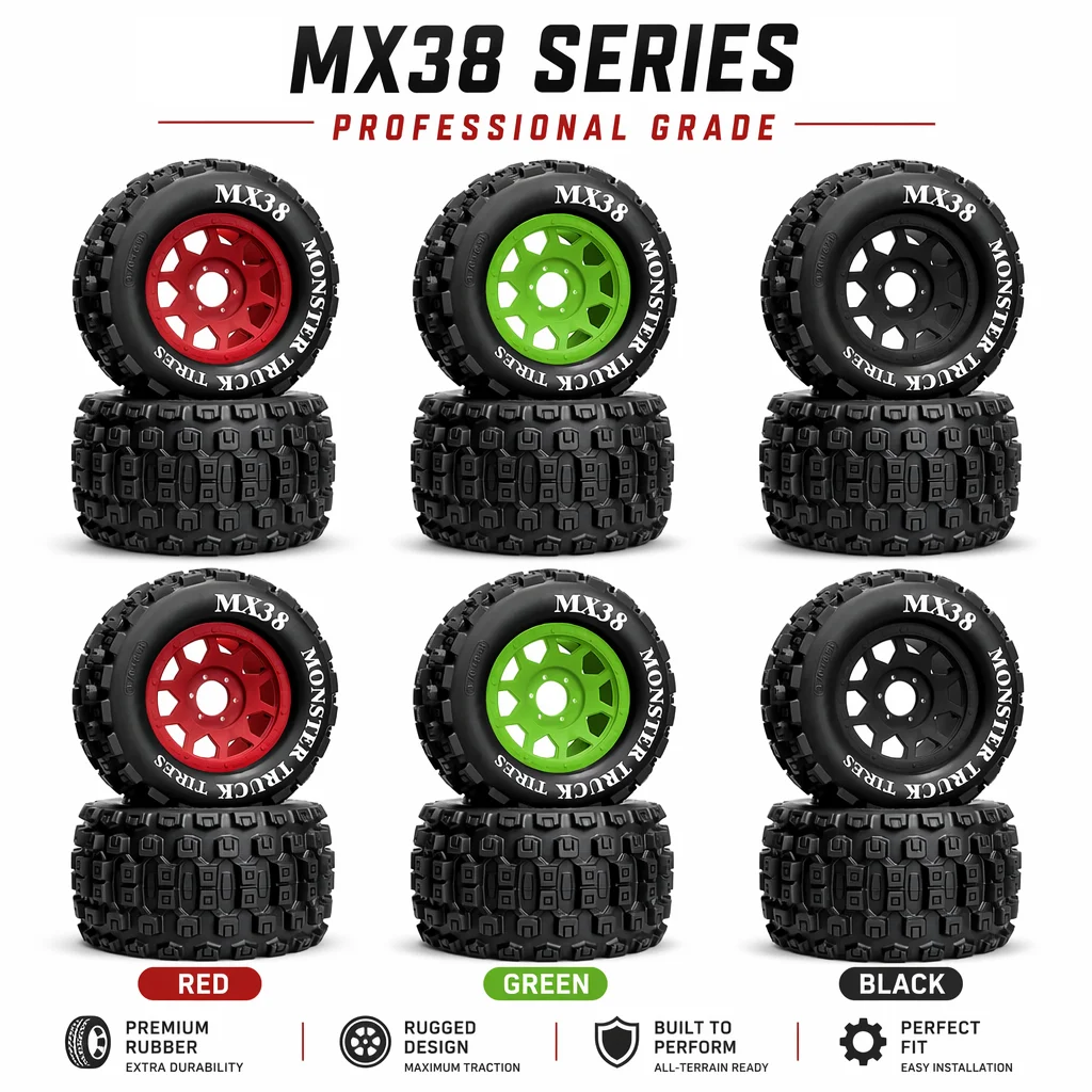 OKHL 4PCS 3.8in Monster Truck Tires 175x94mm Pre-Glued 12mm 17mm Hex for 1/8 ARRMA Kraton 6S Outcast Notorious Red