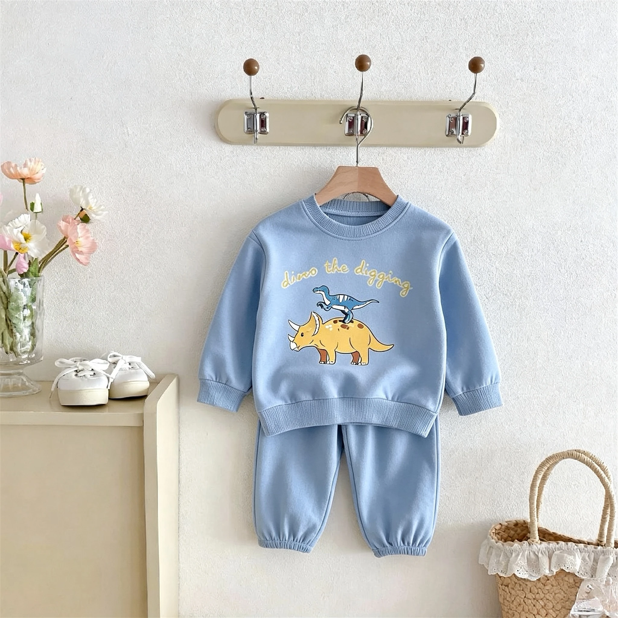 Dinosaur Printed Baby Girls Long Sleeve Sweatshirt Set Spring Fall Clothes Cartoon Fashion Kids Two Piece Outfits Children's Set