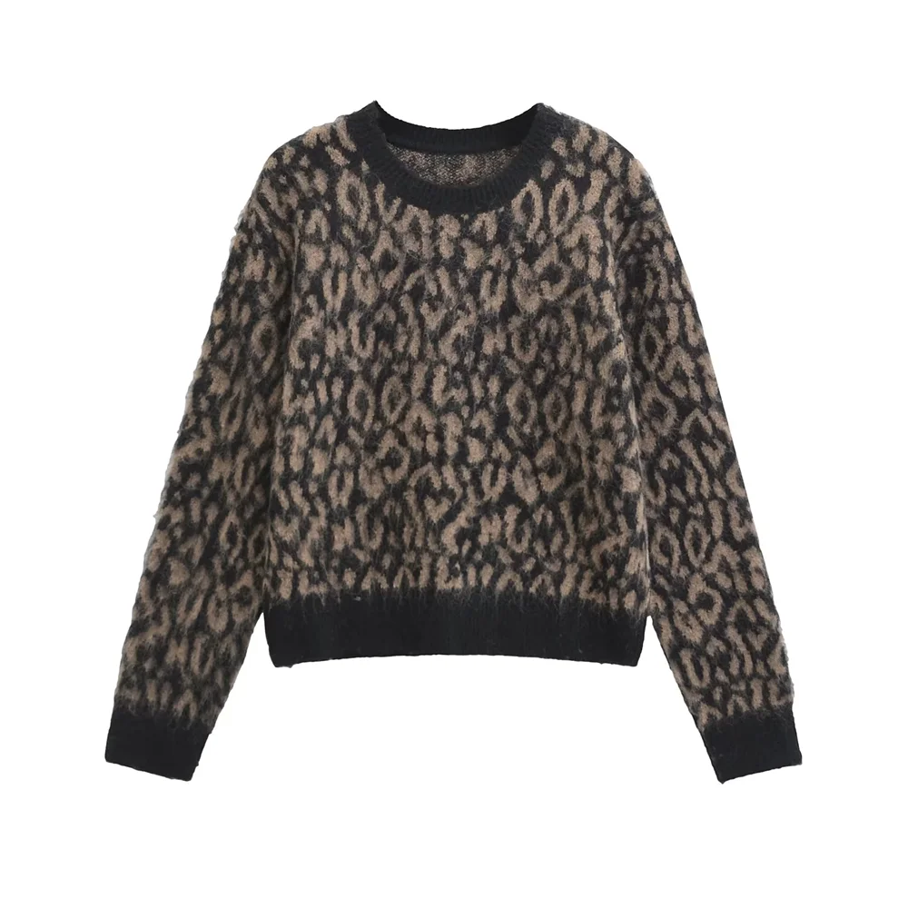 Kar&Otza Women\'s casual cool and lazy style leopard print short version round neck sweater long sleeved knitted sweater for wome