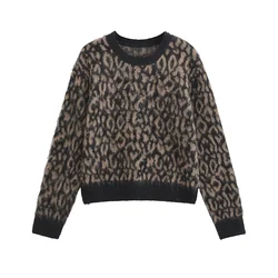 Kar&Otza Women's casual cool and lazy style leopard print short version round neck sweater long sleeved knitted sweater for wome