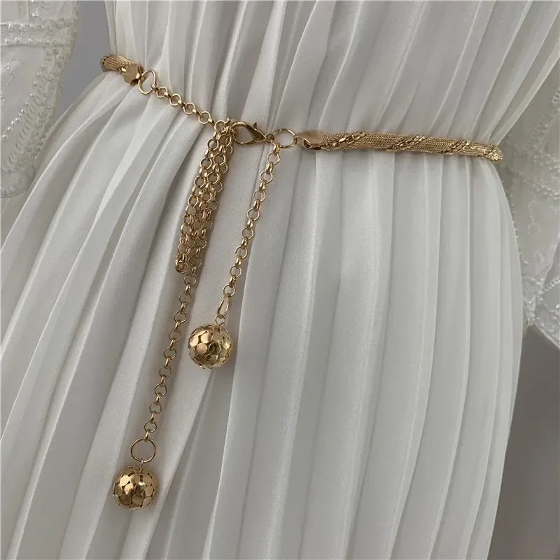 Gold Metal Cinto de cintura para mulheres e meninas, ajustável Tassel Ball Chain, cintos Correias, vestido, jeans Cintura Acessórios, moda