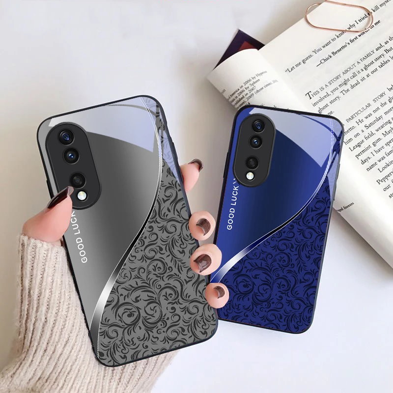 Black curly grass pattern For Honor X6 X9c X9 X6b X8a X8 X9b X5b Plus X8b 30 Pro+ 50 Pro 70 90 200 Lite Black Glass Phone Case