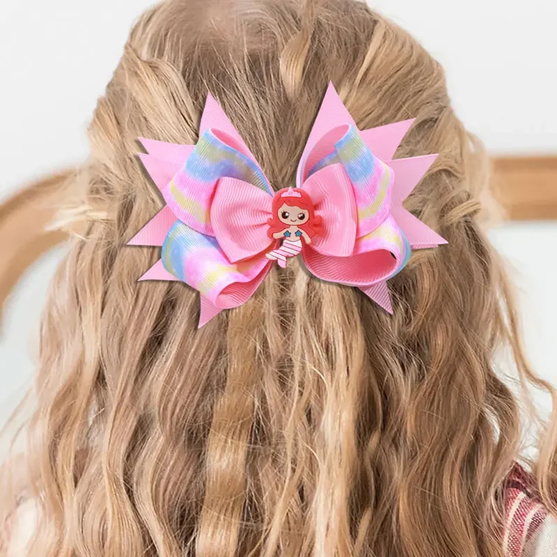 Sweet Pink Mermaid Hair Bow Clips Fashion Barrettes Headwear Boutique Ribbon Print Hairpins Kids Hair Ornament Accessory