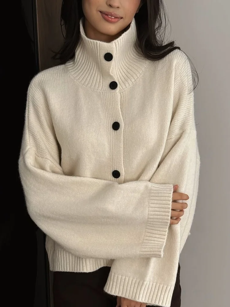 Tossy Mock Neck Button Cardigan Long Sleeve Drop Shoulder Oversized Knit Hip Length Daily Casual Fall Winter Streetwear Cardigan