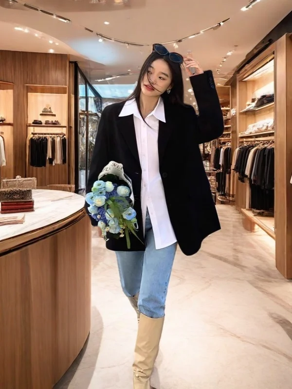 

Blazer Mujer Женское пальто средней длины Temperamet Slim-Fit Crew Zip Age-Reducing Shimmer Splied Full-Length Extended Newkorean