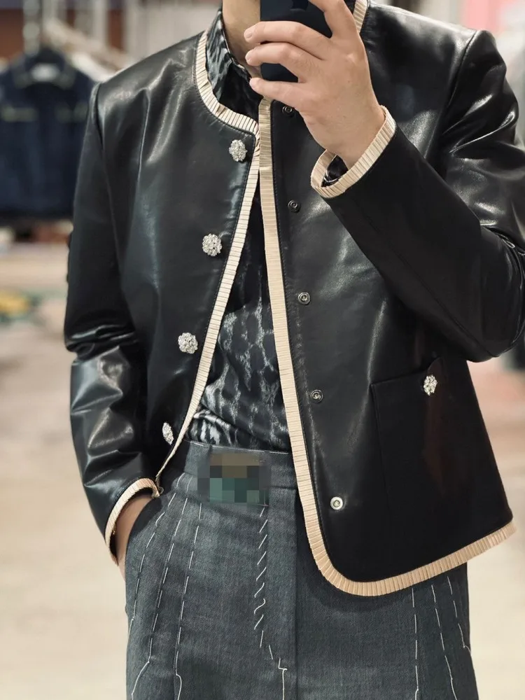 High Quality Designer Elegant Genuine Leather Jacket Men Single Breasted O Neck Patchwork Fashion Natural Sheepskin Short Coat