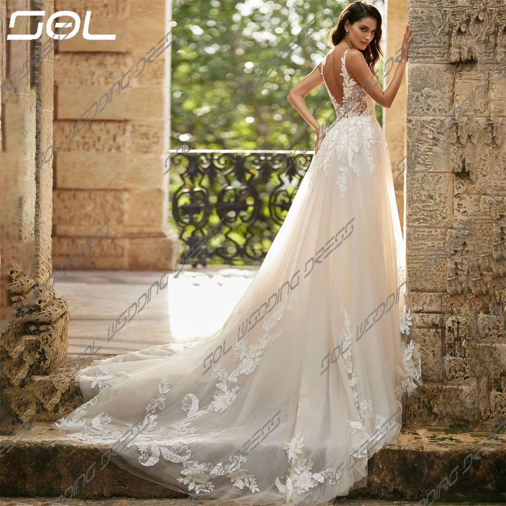 SOL Spaghetti Straps Appliques di pizzo a-line abito da sposa BOHO con scollo a v Backless Sweep Train abiti da sposa Sexy su misura