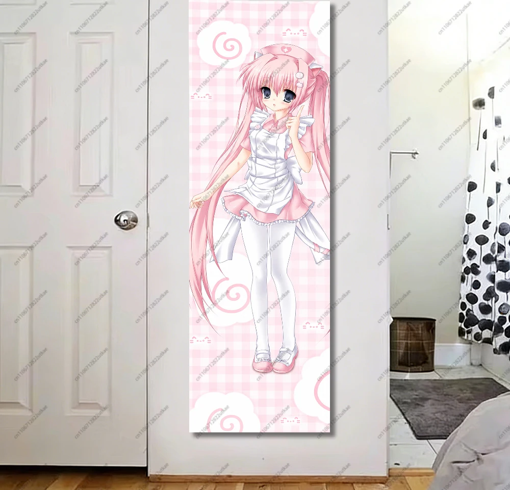 Pastel Pink Gingham Cloud Pattern Anime Maid Girl Long Wall Scroll Cute Kawaii Aesthetic Vertical Tapestry for Teen Girls Room