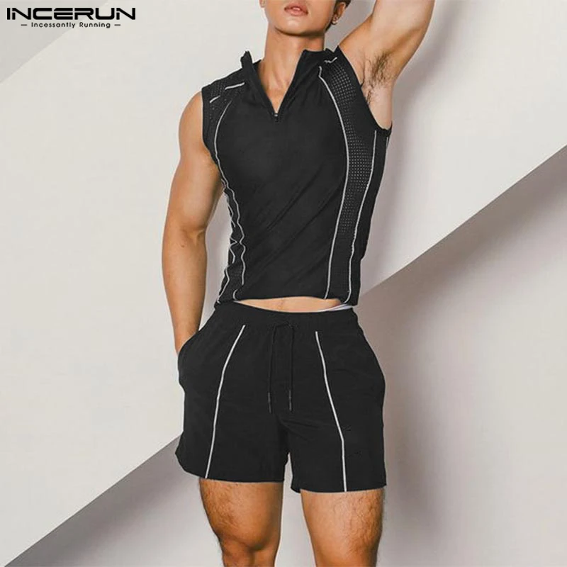 INCERUN 2025 Style coréen ensembles élégant hommes sans manches T-shirts Shorts décontracté Clubwear mâle Patchwork maille rayé deux pièces ensembles