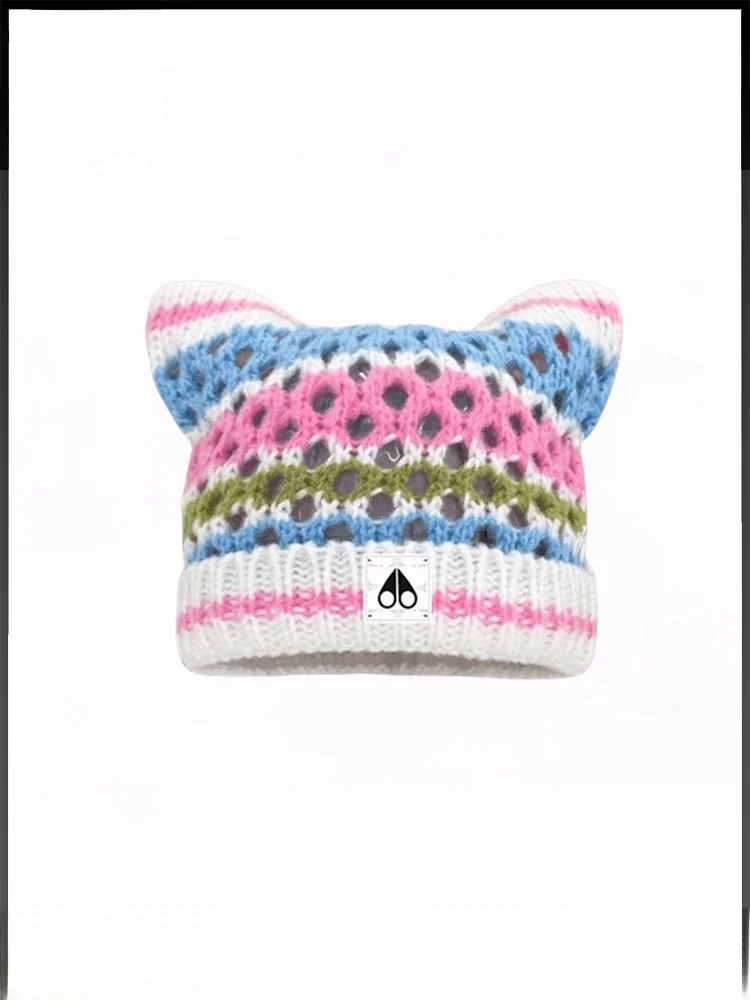 Moose Kingship レディース ニット帽 猫耳デザイン 中空暖かさ 秋と冬シーズン用 カラフルなストライプ ドポミンスタイル