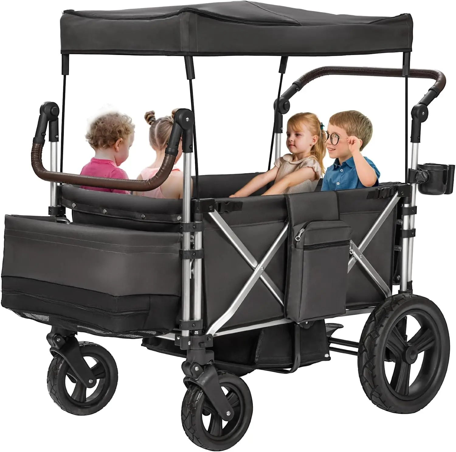 Wagon 4 Seater, Folding Wagon Stroller for 4 Kids, Collapsible Push Wagon with 5-Point Safety Belt and Canopy