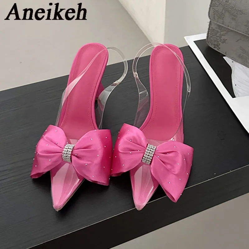 AneikehWomen\'s Crystal Silk Butterfly Knot Decorative Single Shoe 2024 Transparent PVC Pointed SlingbacksHigh HeelsWedding Dress