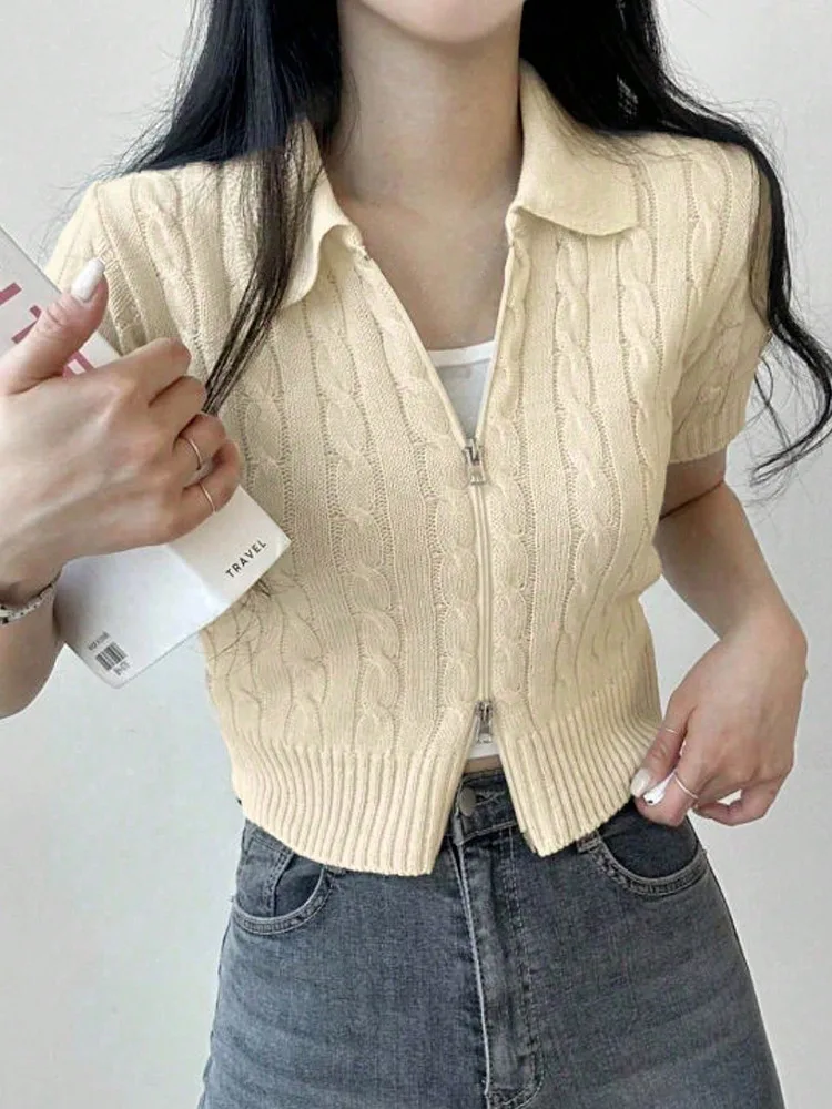 

Korean Sle Chic Summer Ne Knitted Sweater Women's New 2025 Waist-Cinched Beautiful ort Sve Zipper Cardigan