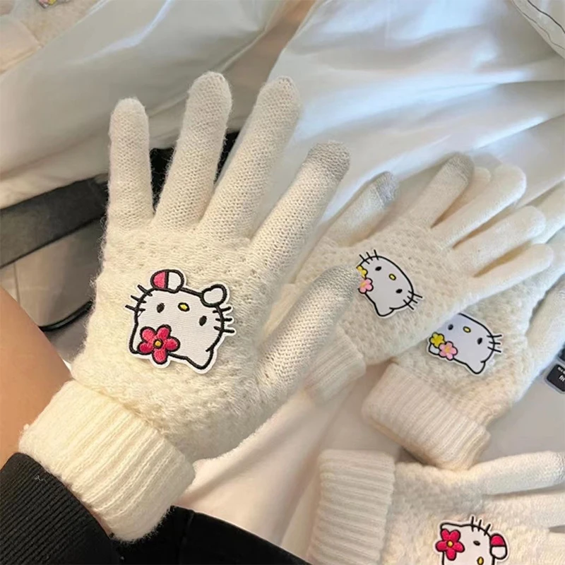 1Pair Sanrio Coldproof Thickened Gloves Kawaii Anime Hello Kitty Winter Gloves Fashion Soft Warm Riding Gloves Holiday Gifts